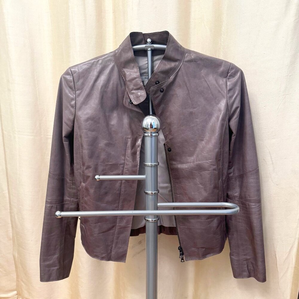 m0851 Leather Jacket Brown - Motorcycle Moto Coat Band Collar Women's 4